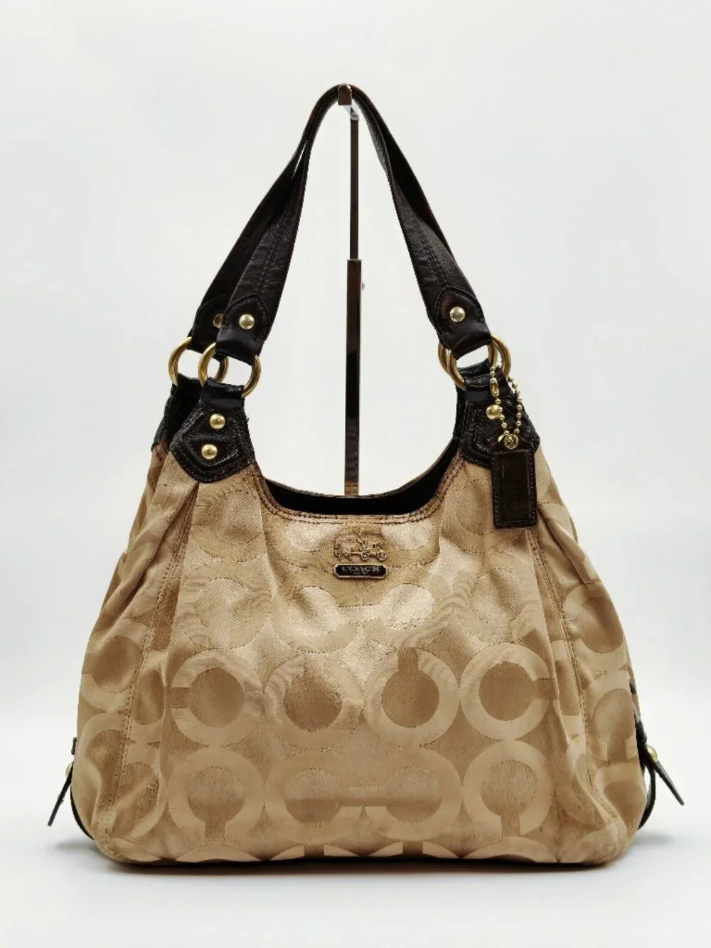Coach Signature Jacquard Shoulder Bag Tan Brown Leather Hobo Tote